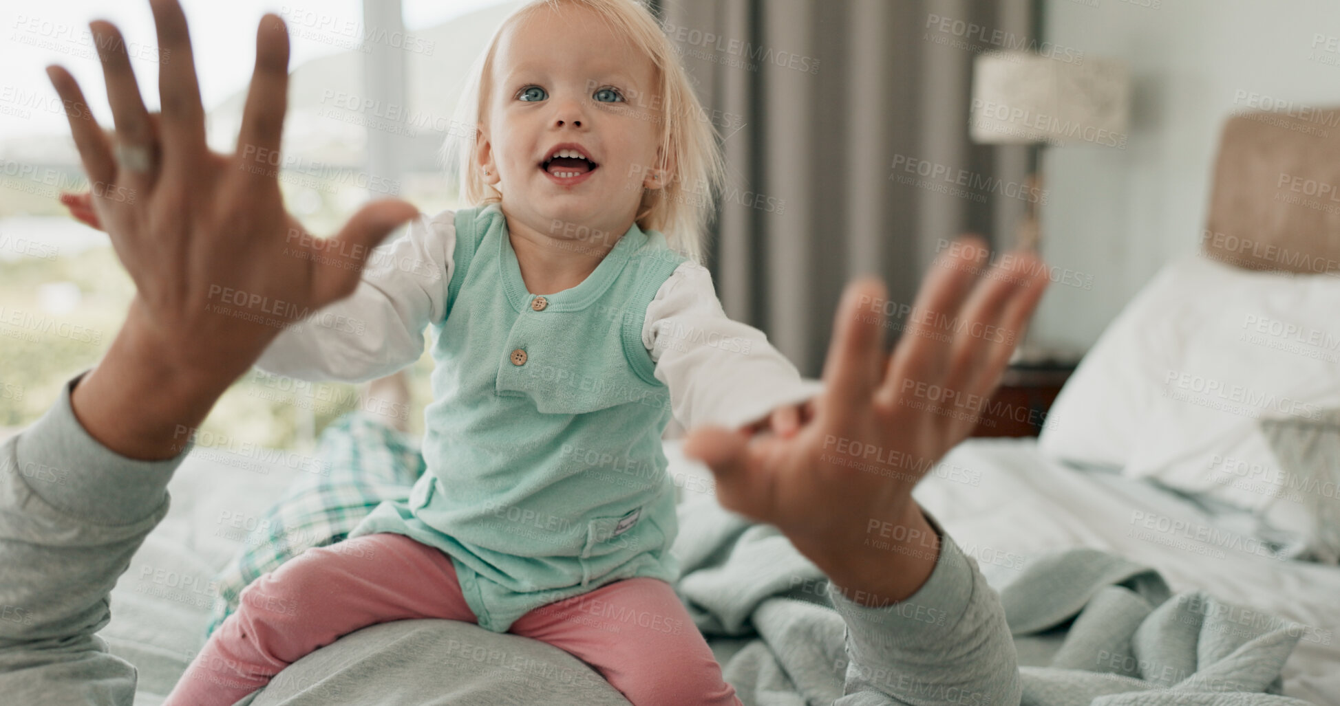 Buy stock photo Child, playing and bonding with father in bedroom for growth, development and motor skills in home. Toddler, happy girl and hands for learning, joy and fun as youth, kid or young person with parent