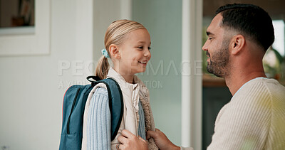 Buy stock photo Home, backpack and father with girl, smile and prepare for school, bonding together and love. Apartment, single parent and dad with daughter, conversation or motivation with discussion or development