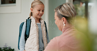 Buy stock photo Mother, girl and school for goodbye with backpack, getting ready and smile for excited student. Class, mom and support or care from single parent person, woman and learning for education development