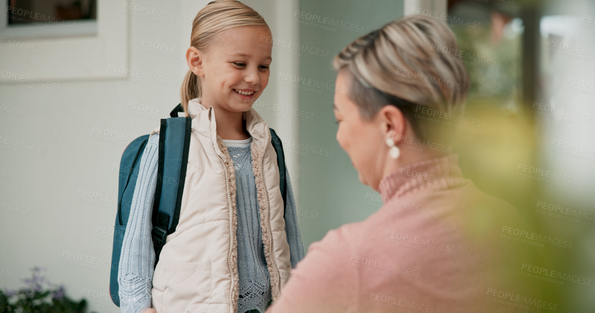 Buy stock photo Mother, girl and school for goodbye with backpack, getting ready and smile for excited student. Class, mom and support or care from single parent person, woman and learning for education development