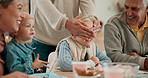 Girl, family and eyes covered for birthday surprise or celebration with excitement, love and support for fun. People, happy and cheerful for party or event with child development and growth at home