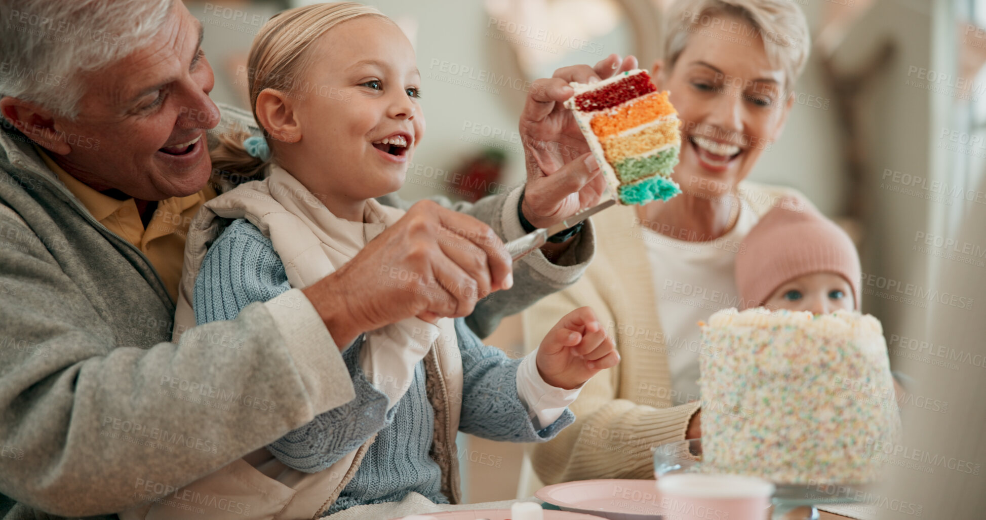 Buy stock photo Birthday, cake and grandparents with girl, home and celebration for granddaughter, love and sweets. House, elderly people and happy kids for dessert, growth and old man with children and woman