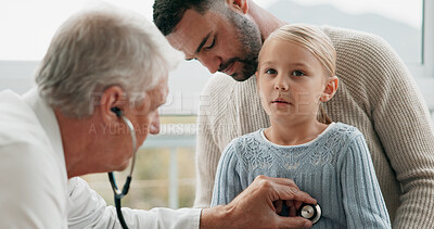 Buy stock photo Doctor, dad and girl child with stethoscope for breathing check in office, kid with infection or sick. Medical worker, young patient or breathe for lung inspection with health insurance for wellness