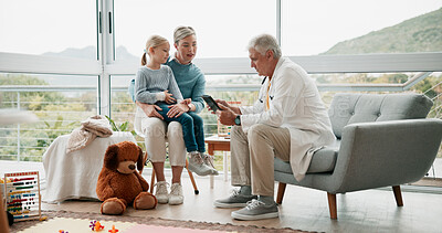 Buy stock photo Child, mom and home consultation with doctor for care, health and advice in living room. Senior male pediatrician, kid and mother in lounge for assistance, house call and appointment for wellbeing