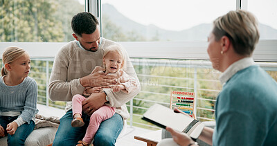 Buy stock photo Child, dad and home consultation with woman for care, welfare check or advice in living room. Female social worker, crying kid or man in lounge for assistance, house call or appointment for wellbeing