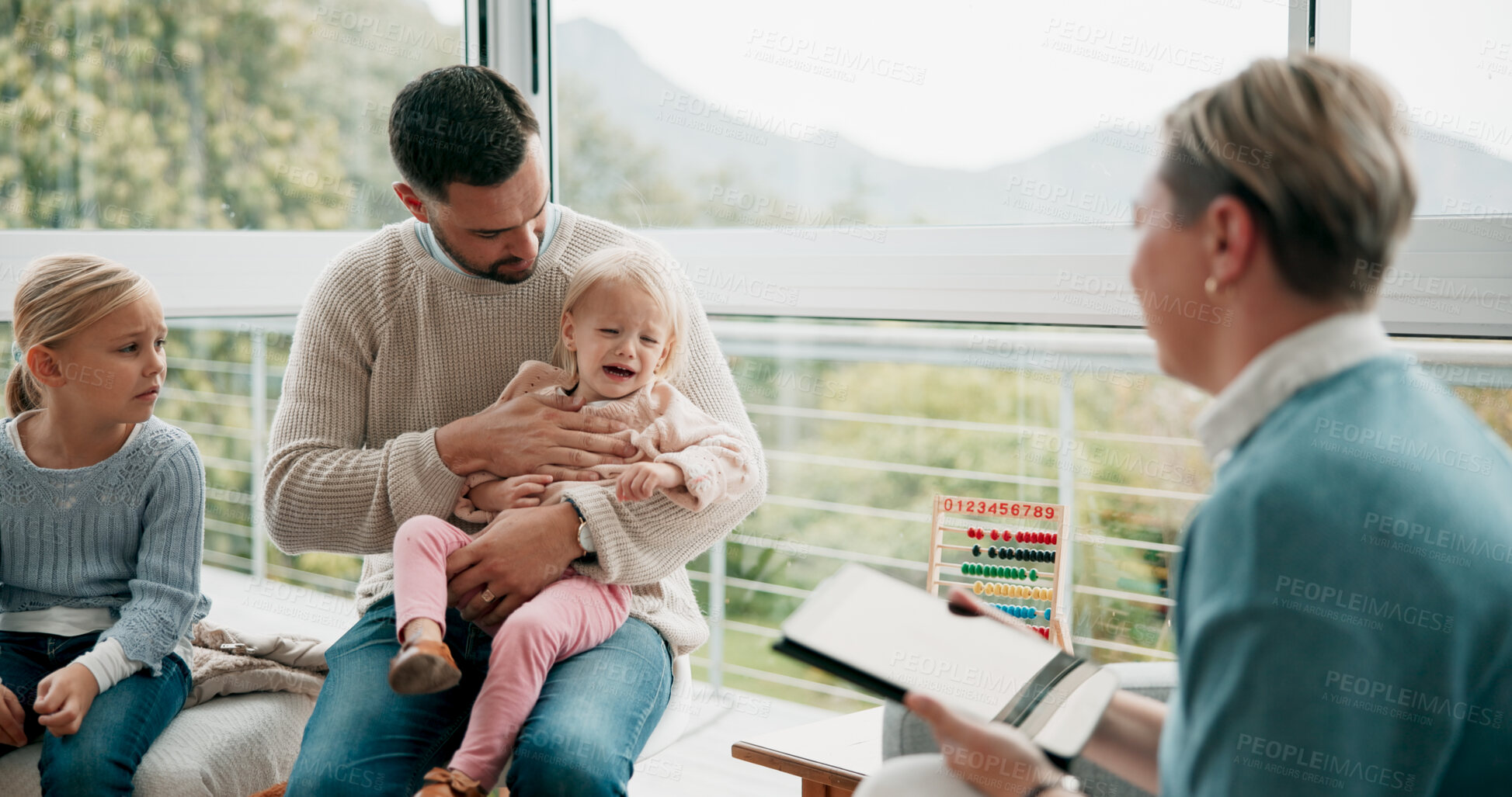 Buy stock photo Child, dad and home consultation with woman for care, welfare check or advice in living room. Female social worker, crying kid or man in lounge for assistance, house call or appointment for wellbeing