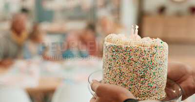 Buy stock photo Person, hands and birthday cake with candles, surprise and frosting for party, dessert or sweet snack at home. Closeup of baked present, gift or candy for celebration, moment or year older at house