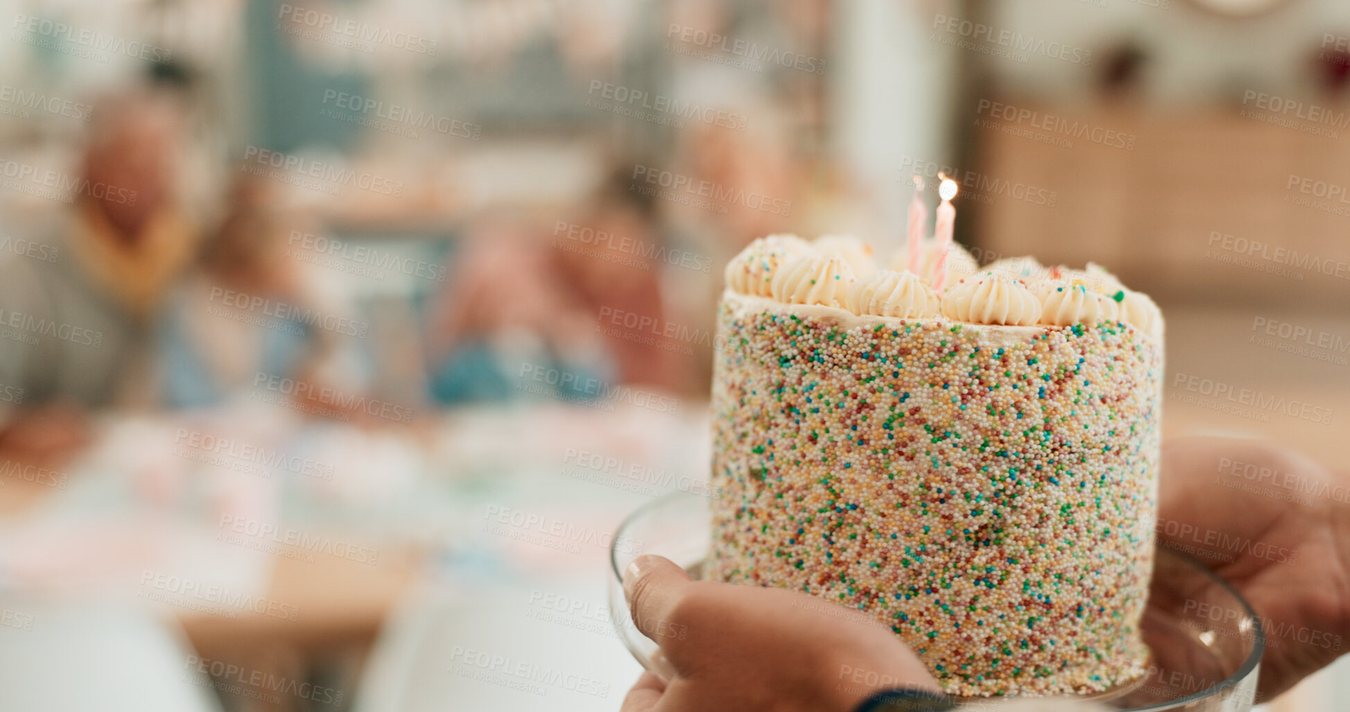 Buy stock photo Person, hands and birthday cake with candles, surprise and frosting for party, dessert or sweet snack at home. Closeup of baked present, gift or candy for celebration, moment or year older at house