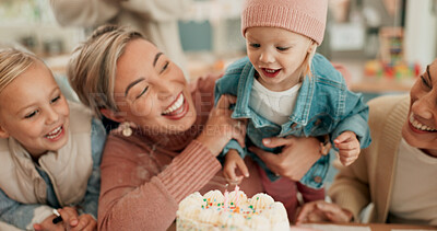 Buy stock photo Birthday cake, home and mother with children, granny and happiness with celebration, smile and joyful. Sweet treat, apartment and family with parent, kids and excited with fun, cheerful and party