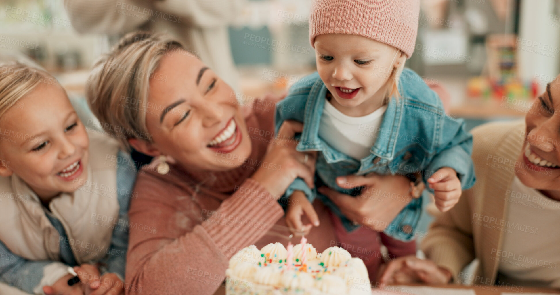 Buy stock photo Birthday cake, home and mother with children, granny and happiness with celebration, smile and joyful. Sweet treat, apartment and family with parent, kids and excited with fun, cheerful and party