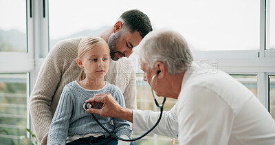 Buy stock photo Doctor, father and girl child with stethoscope for breathing check in office, kid with infection or sick. Medical worker, young patient or exam for lung inspection with health insurance for wellness