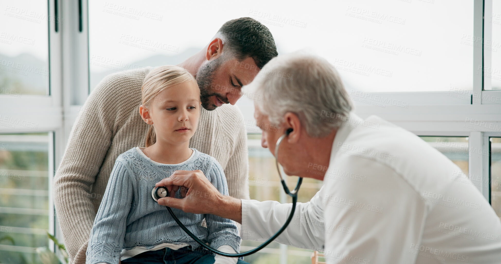 Buy stock photo Doctor, father and girl child with stethoscope for breathing check in office, kid with infection or sick. Medical worker, young patient or exam for lung inspection with health insurance for wellness