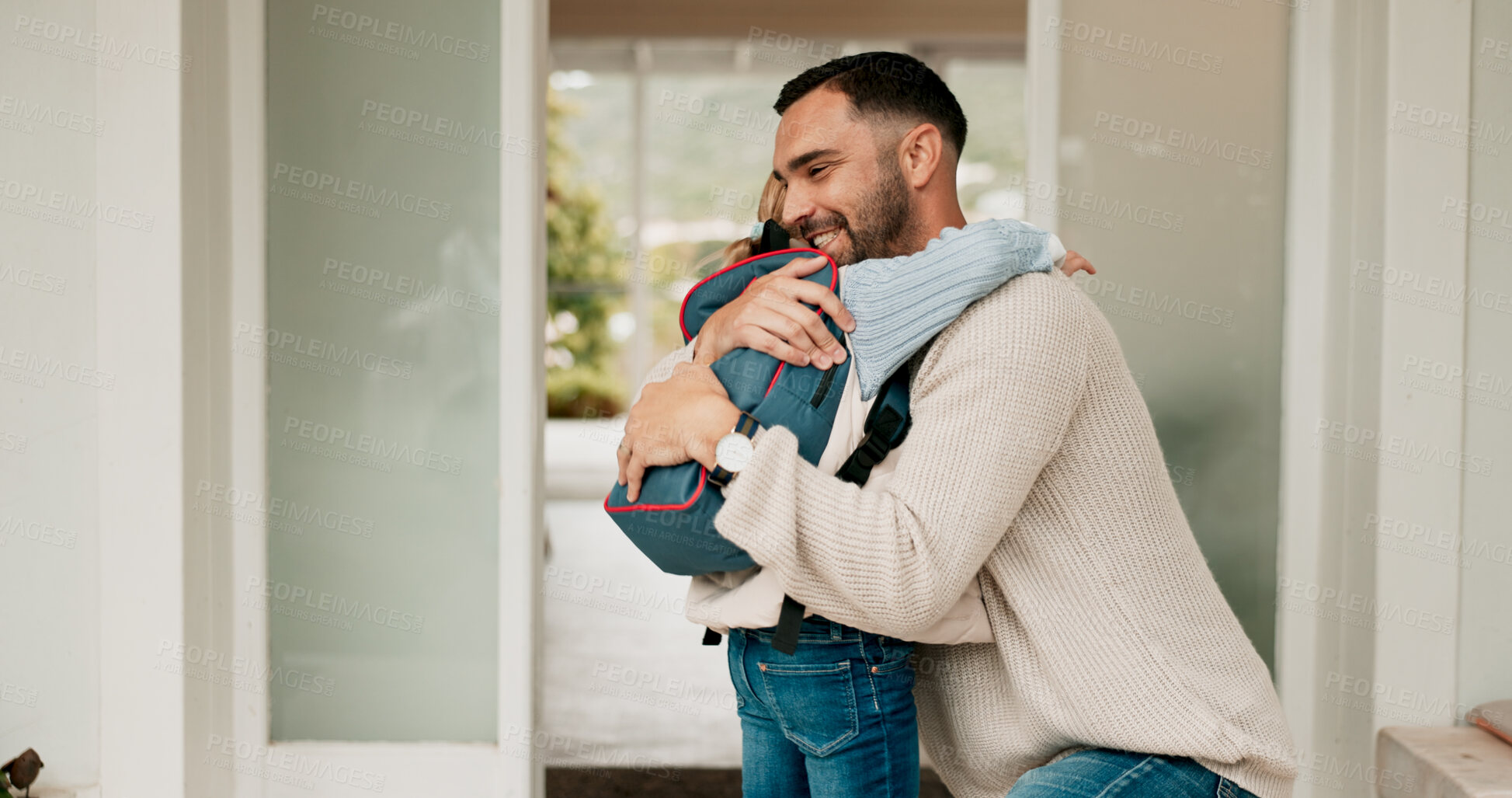 Buy stock photo Father, girl and hug at front door to school or education with pride, love and care. People, parent and kid or daughter with smile or happy in morning with goodbye, support and excited for first day