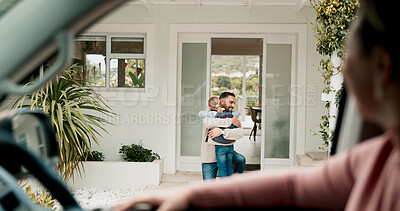 Buy stock photo Dad, girl and hug at door to school or education with pride, love and care. People, parent and kid or daughter with smile or happy for transport in morning with goodbye or support and trust outside