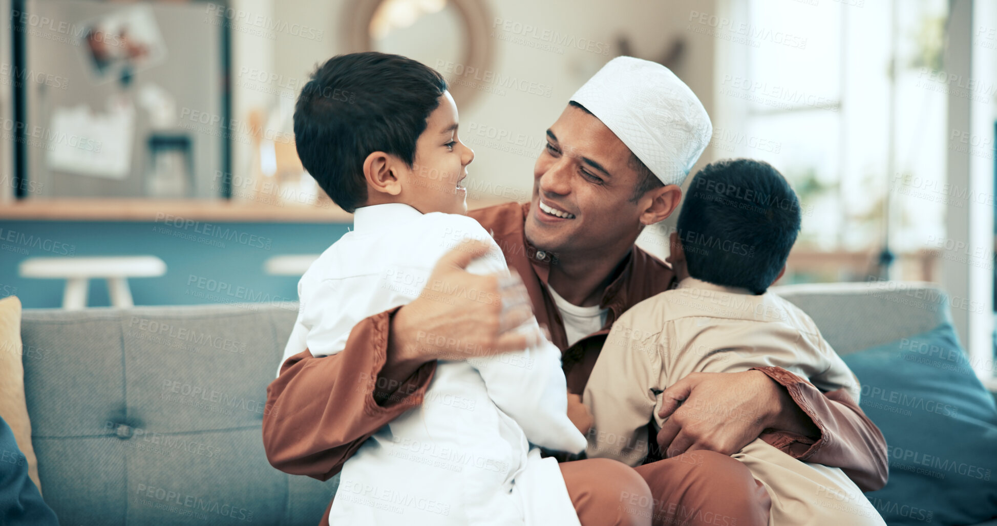 Buy stock photo Muslim, father and children with hug on sofa for support, affection or greeting parent after madrasa. Islamic family, love and Arab man with boys in lounge for embrace, Eid or happiness in home