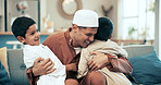 Muslim, dad and children with hug on sofa for support, affection or greeting parent after madrasa. Islamic family, love and Arab man with boys in living room for embrace, bonding or happiness in home