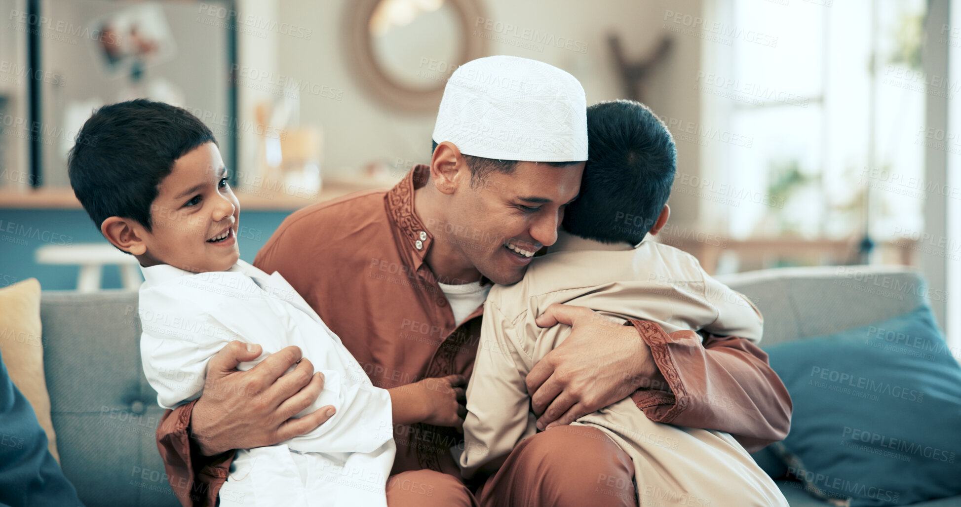 Buy stock photo Muslim, dad and children with hug on sofa for support, affection or greeting parent after madrasa. Islamic family, love and Arab man with boys in living room for embrace, bonding or happiness in home