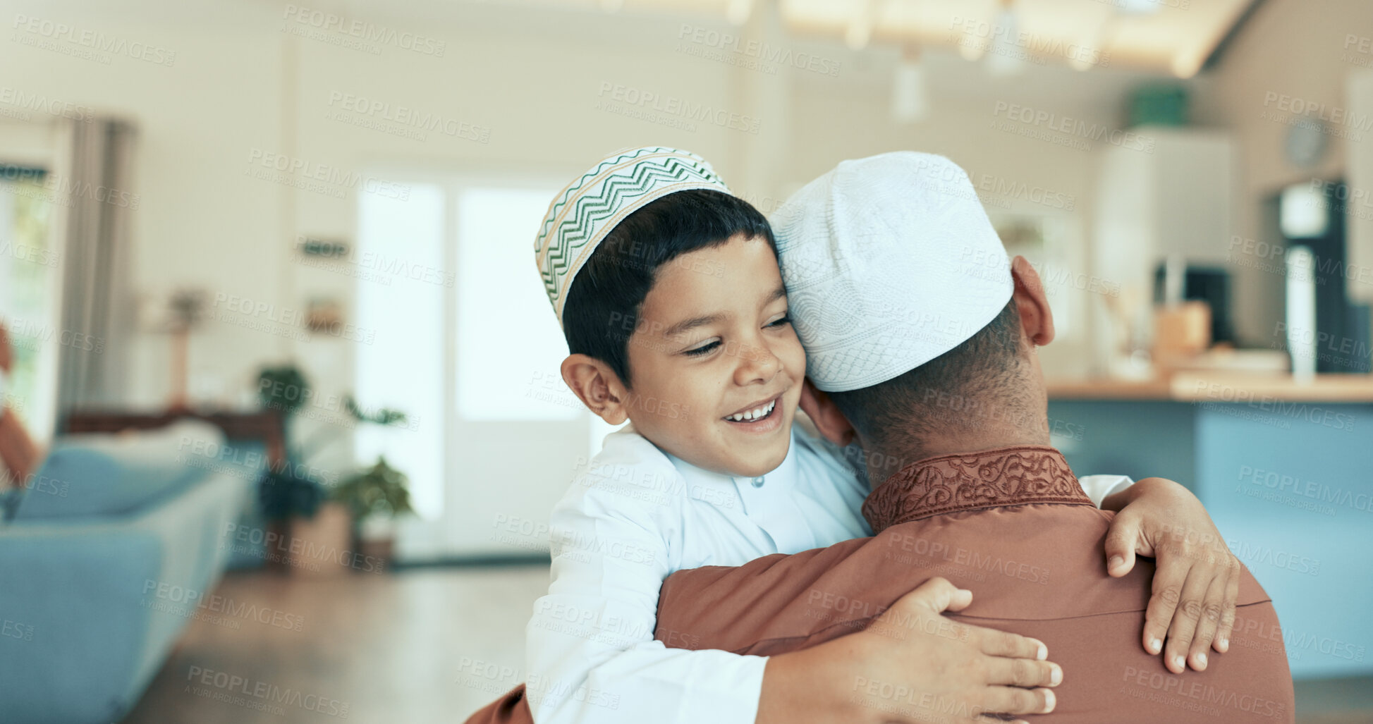 Buy stock photo Muslim family, father and children hugging in home, love and bonding embrace for islamic new year celebration. Muharram mubarak, happy and Malaysian people in living room together, son and apartment