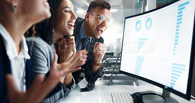 Buy stock photo Computer screen, chart or excited business people in office for data analytics, finance and sale profit celebration. Startup, success or accounting team with graph, statistics and website traffic win