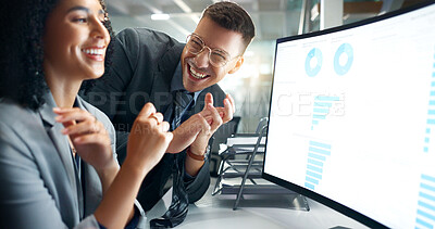 Buy stock photo Employees, computer and night success for finance, traders and graphs on screen for data analytics. Business people, excited and teamwork or support, profit and statistics on investment revenue