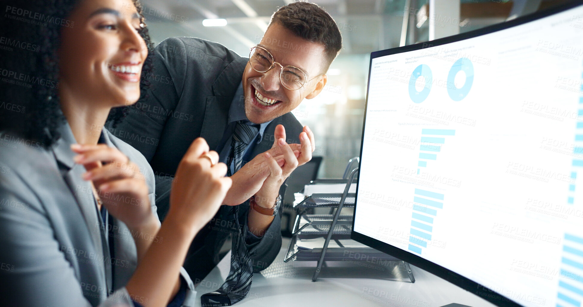 Buy stock photo Employees, computer and night success for finance, traders and graphs on screen for data analytics. Business people, excited and teamwork or support, profit and statistics on investment revenue