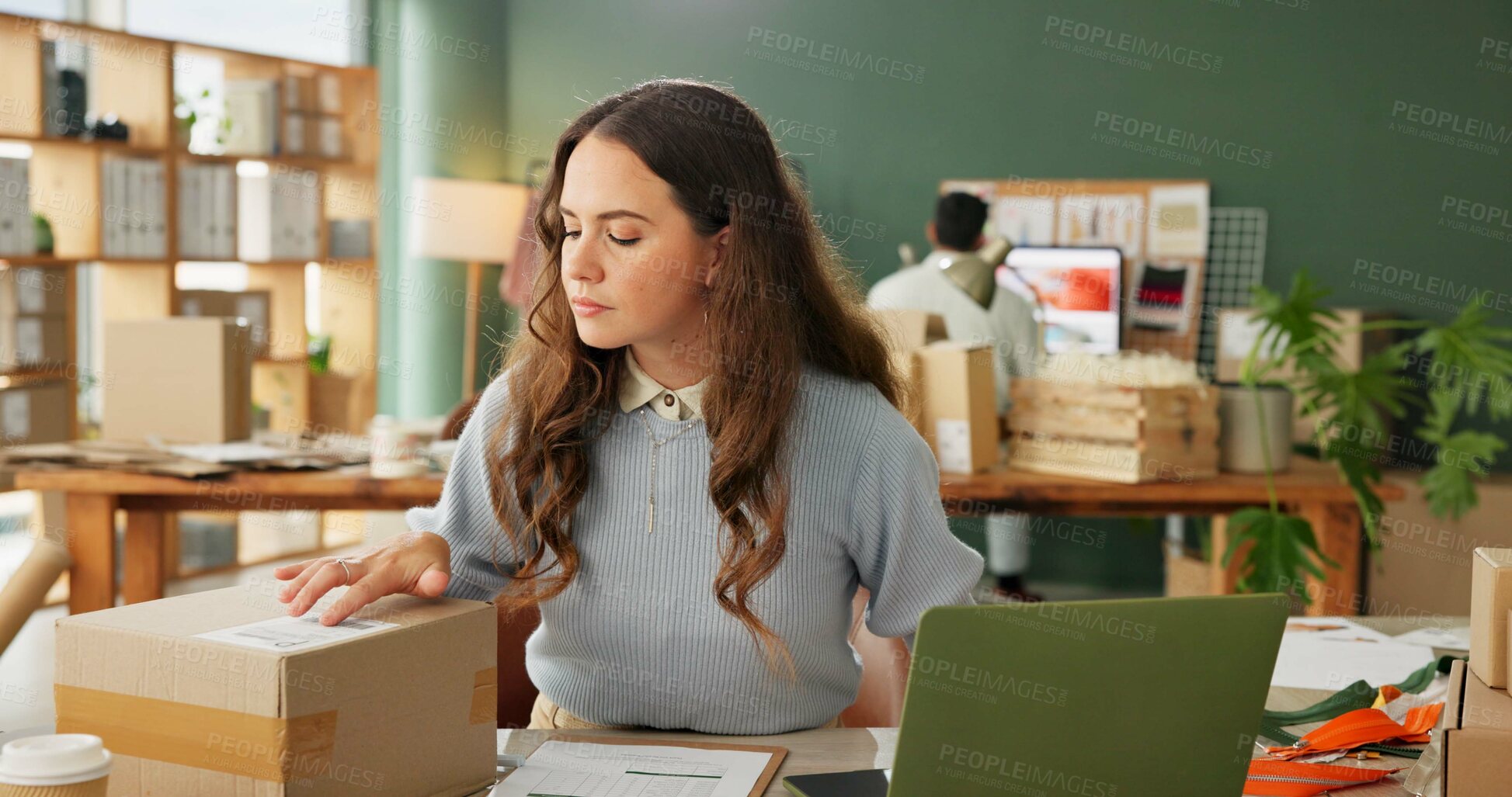 Buy stock photo Shipping, box and woman with laptop for stock check, order and inventory management. Logistics, computer and person with package at ecommerce startup store for sme delivery with retail seller online