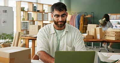 Buy stock photo Tailor, man and laptop in small business for order, inventory check and stock at sme. Shipping, computer or person at ecommerce startup for fashion delivery logistics with retail seller typing online