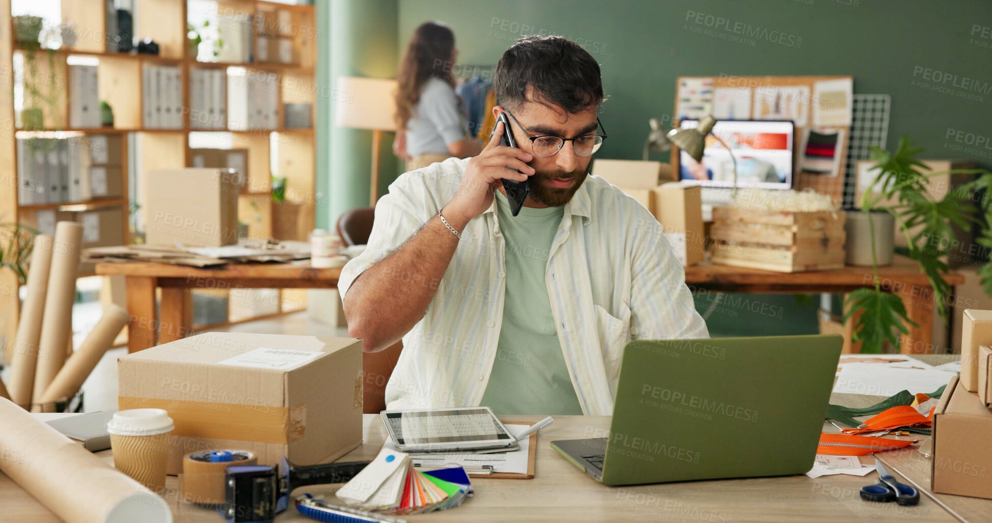 Buy stock photo Phone call, man and laptop for delivery of small business of e commerce order, information and box for courier. Person, online shopping and conversation for inventory shipping, web and distribution