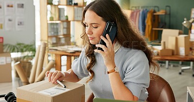 Buy stock photo Woman, phone call and package for delivery of small business of e commerce, information and distribution. Owner, mobile and communication for logistics, supply chain and product order for courier