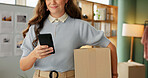 Woman, package and phone for delivery of small business of e commerce order, online information and courier. Owner, mobile and logistics for supply chain, supplier invoice and product distribution