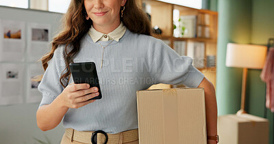 Buy stock photo Woman, package and phone for delivery of small business of e commerce order, online information and courier. Owner, mobile and logistics for supply chain, supplier invoice and product distribution