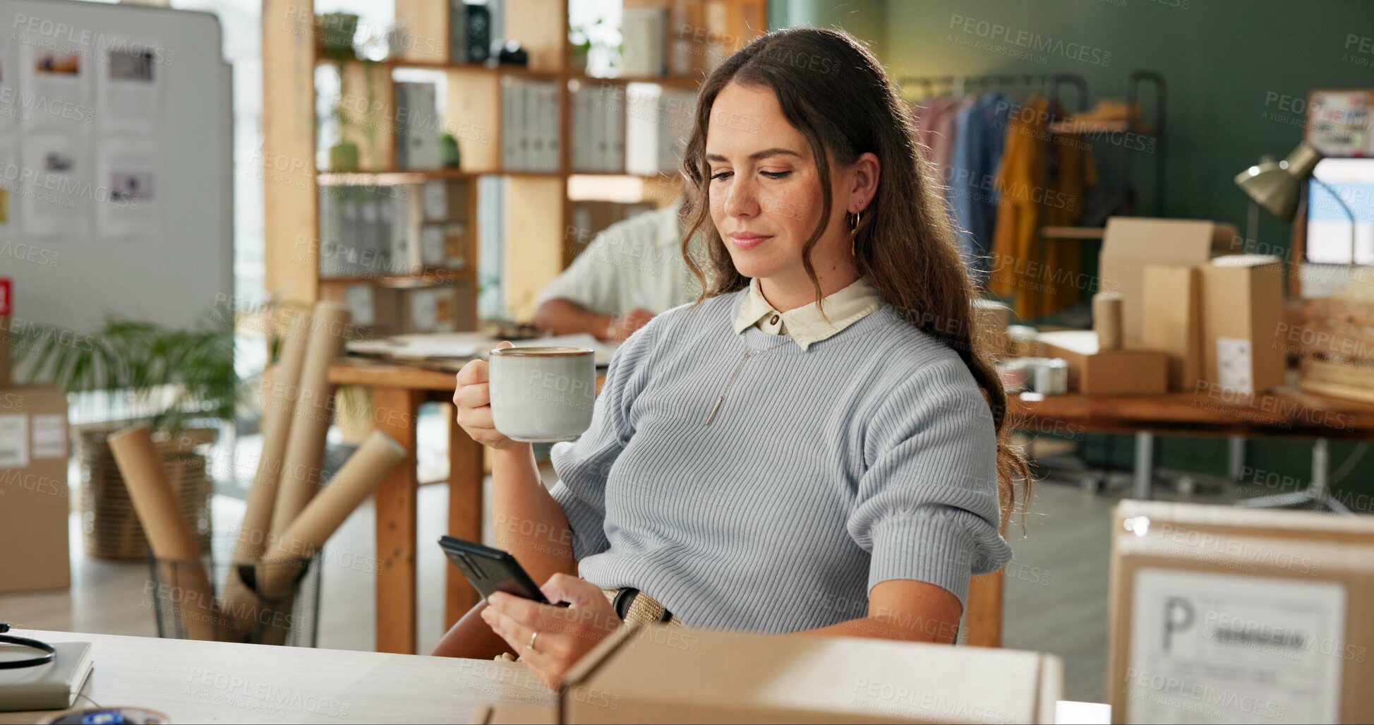 Buy stock photo Woman, smartphone and review for small business, ecommerce and boutique startup with online sales. Owner, coffee break and digital website for internet store, retail service and quality control