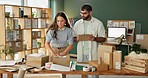 Small business, team and clipboard in office for delivery, inspection or quality assurance of order. Man, woman designer or checklist by boxes for logistics, shipping or customer package in startup