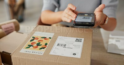 Buy stock photo Woman, hands and phone to scan package for dropshipping, online information and parcel distribution. Owner, mobile or logistics for supply chain, check barcode and supplier invoice of retail delivery