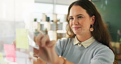 Buy stock photo Woman, workshop and glass wall for planning, sticky notes and report for strategy. Owner, vision and idea for small business, presentation and brainstorming for partnership or b2b networking project