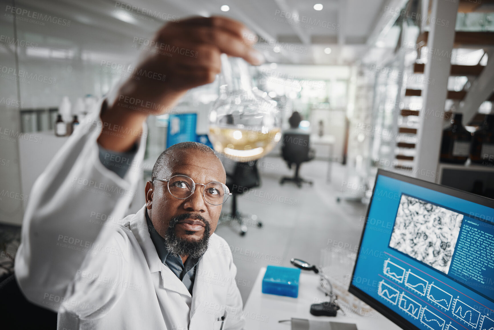 Buy stock photo Computer screen, science and solution with man in lab for medical or pharmaceutical research. Innovation, sample and study with African scientist at work for analysis, development or experiment