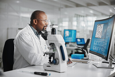 Buy stock photo Science, lab and virus research with black man and computer for microscope data analysis and report. Working, scientist and medical journal study with technology and professional with disease check