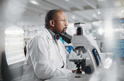 Buy stock photo Science, lab and research with black man and computer for microscope data analysis and report. Working, DNA scientist and medical journal study with technology and professional with lens focus