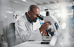 Scientist, development and microscope in laboratory for analysis, innovation and medical research. Black man, technology and professional person or expert in clinic for diagnosis, cure or health care