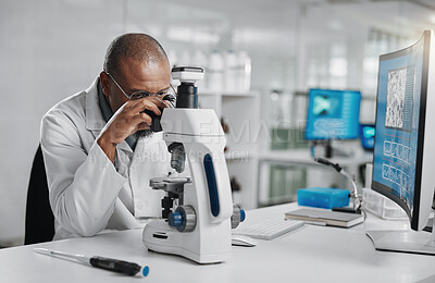 Buy stock photo Man, lab or microscope for science research or clinical investigation, innovation in healthcare. Male scientist, wellness study and digital technology, check on particles or medical test for new drug