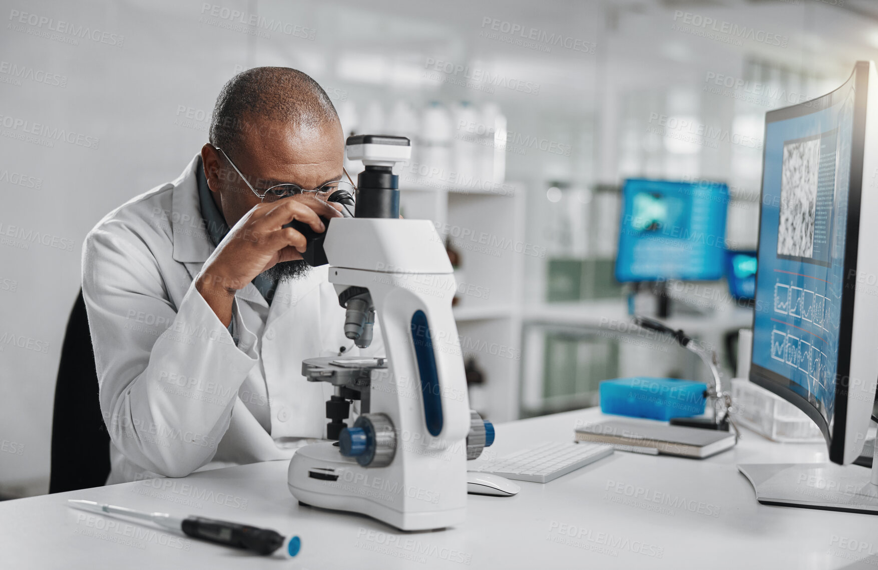 Buy stock photo Man, lab or microscope for science research or clinical investigation, innovation in healthcare. Male scientist, wellness study and digital technology, check on particles or medical test for new drug