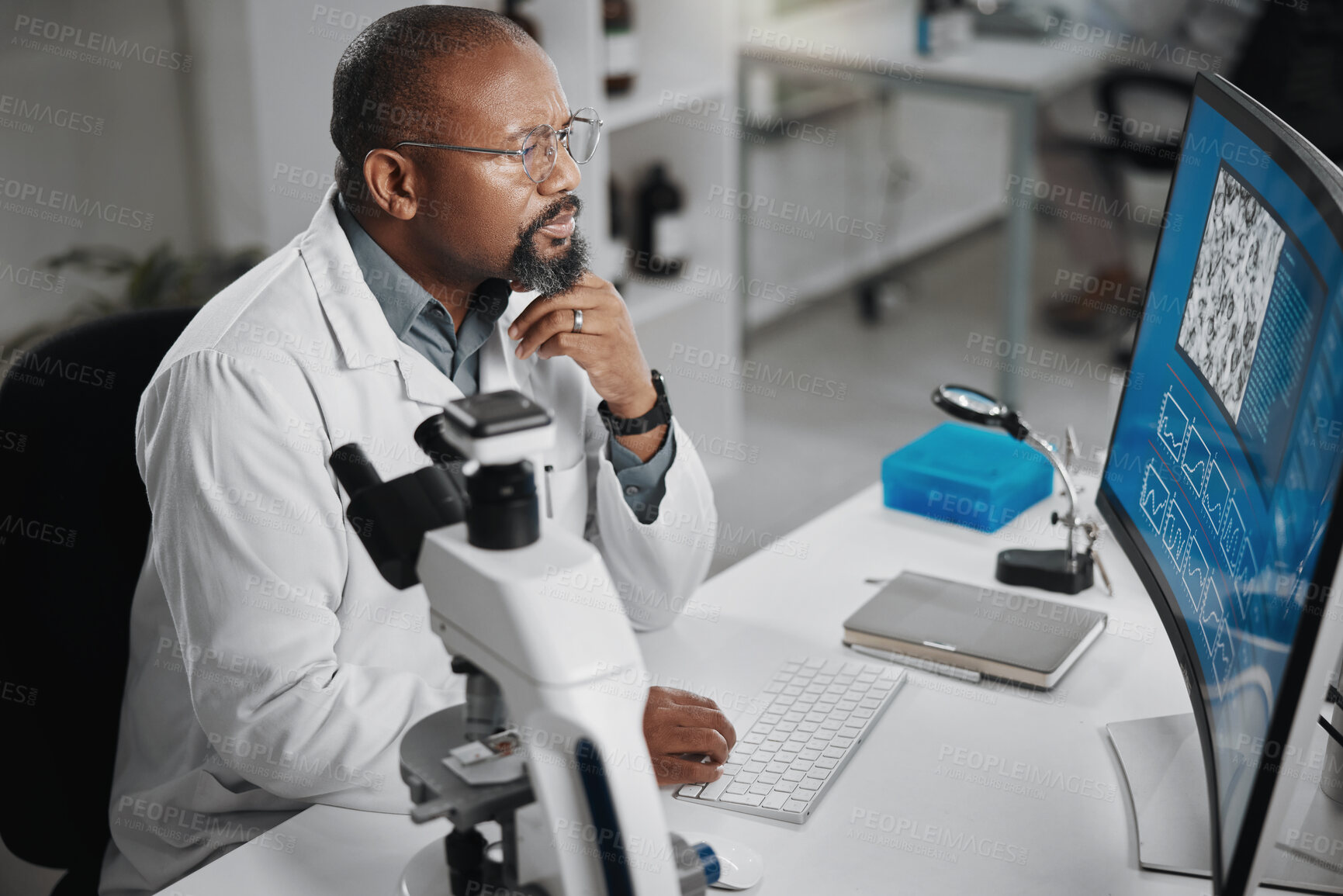 Buy stock photo Science, lab and virus research with black man and computer for microscope data analysis and report. Working, scientist and medical journal with technology and professional with monkeypox study