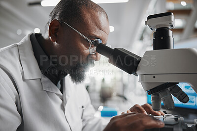 Buy stock photo Man, scientist and research with microscope in laboratory for healthcare, innovation and medical analysis. Development, technology and professional person in hospital for diagnosis, cure and wellness