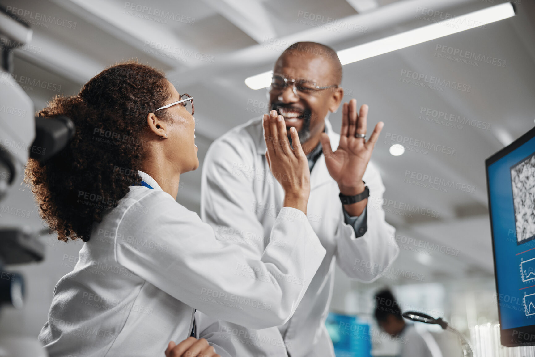 Buy stock photo High five, team and success in laboratory for analysis, innovation and experiment. Collaboration, man and woman in clinic or hospital for achievement, advice or professional career in medical care