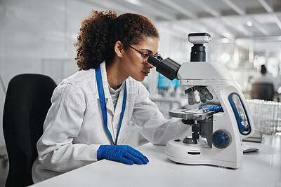 Buy stock photo Microscope, woman check and virus research of science study with healthcare, scientist and laboratory work. Analysis, testing and medical professional with investigation for scientific journal