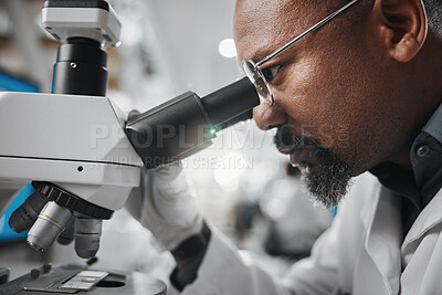 Buy stock photo Black man, healthcare and microscope in laboratory for analysis, innovation and medical research. Development, technology and professional person or scientist in clinic for diagnosis and cure 