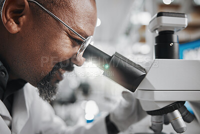 Buy stock photo Black man, scientist and microscope in laboratory for analysis, innovation and medical research. Development, technology and professional person or expert in clinic for diagnosis, cure or health care