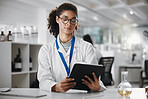 Glasses, science and tablet with woman in laboratory for medical or pharmaceutical research. Innovation, study and technology with scientist at work for analysis, development or experiment results