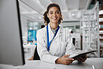 Science, smile and tablet with woman in laboratory for medical or pharmaceutical research. Computer, innovation and study with happy scientist at work for analysis, development or experiment results