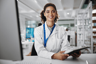 Buy stock photo Science, smile and tablet with woman in laboratory for medical or pharmaceutical research. Computer, innovation and study with happy scientist at work for analysis, development or experiment results